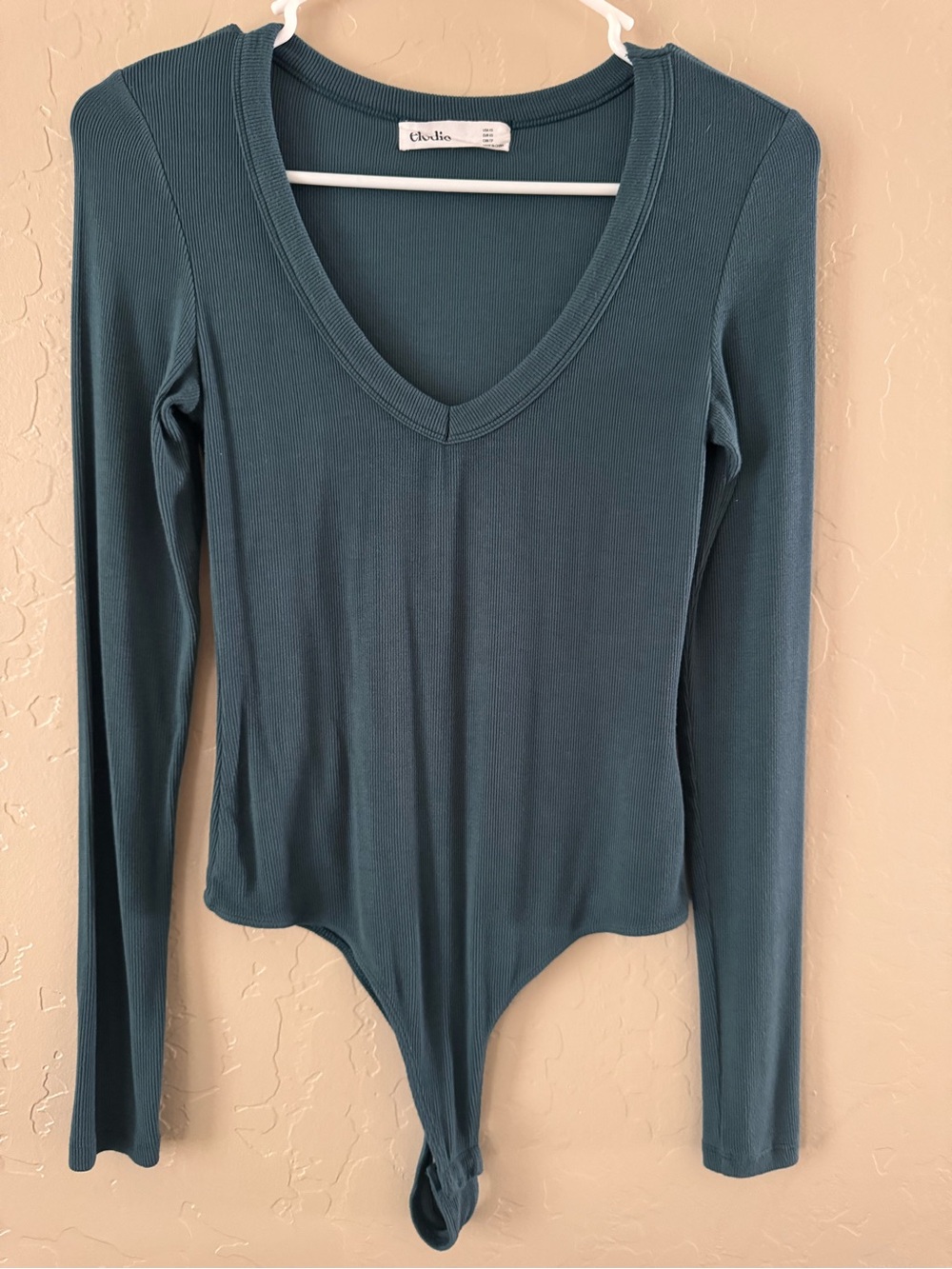 Elodie Long Sleeve V-Neck Bodysuit in Teal Green